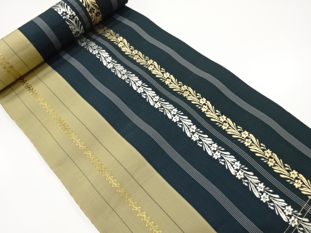 アンティーク　縞に花模様織り出し　八寸帯地反物